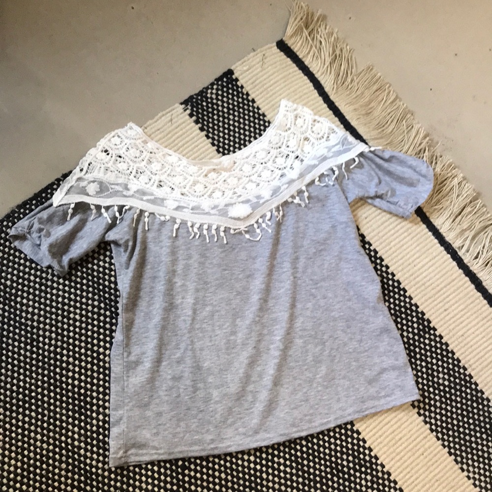 Grey T-Shirt with Crochet Lace Overlay